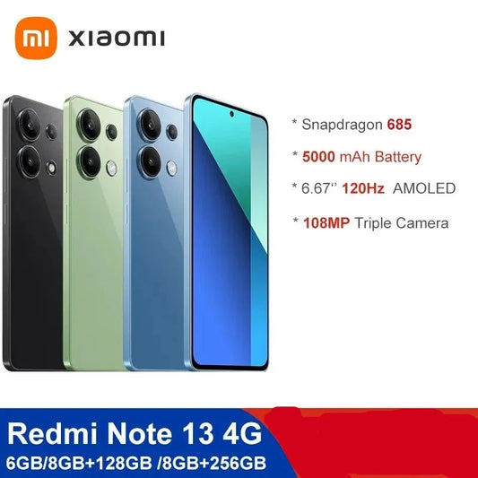 Global Version Xiaomi Redmi Note 13 4G Mobile Phone 6.67" AMOLED Screen 120Hz Snapdragon 685 Octa Core CPU 108MP Triple Camera